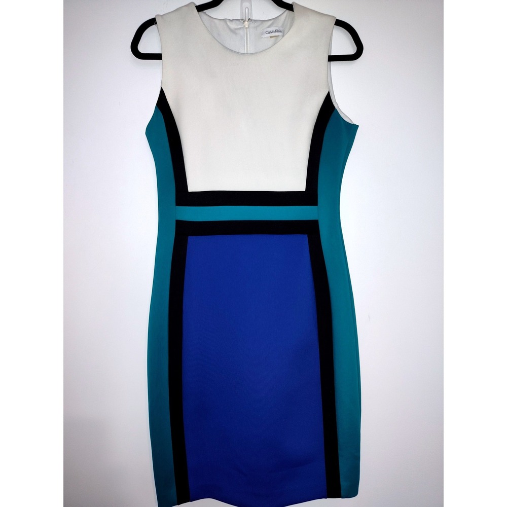 Calvin Klein Womens Colorblock Sheath Dress Blue White Teal Sleeveless Scuba